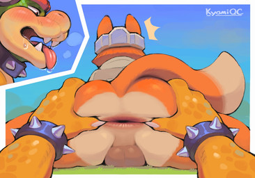 anthro anus balls biped bottomless bracelet butt clothed clothing duo ears_up fingers fur genitals jewelry male orange_body orange_fur rear_view scales simple_background stretched_anus tail topwear unsavoryimpcat mario_bros nintendo star_fox bowser fox_mccloud canid canine fox mammal