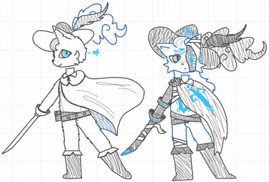 anthro bandage bandaged_chest bandaged_leg bandaged_tail belly belt black_nose blue_eyes blush boots cape cloak clothing duo eye_patch eyewear feathers footwear fur fur_markings glowing glowing_markings grey_body hair hat hat_feather head_tuft headgear headwear long_hair looking_aside looking_at_viewer loose_feather male markings melee_weapon pose prosthetic prosthetic_arm prosthetic_limb shoes short_hair star sword tail tattered_cape tuft weapon white_belly white_body white_fur nobuddy ponos_corp. the_battle_cats d'arktanyan_(the_battle_cats) d'artanyan_(the_battle_cats) domestic_cat felid feline felis mammal digital_drawing_(artwork) digital_media_(artwork) hi_res sketch whiteboard_fox_(artwork)