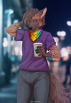 accessory anthro bendy_straw beverage black_nose blue_eyes blurred_background bottomwear brown_body brown_fur brown_hair clothed clothing coffee coffee_cup container cup drinking_straw facial_markings fur gloves_(marking) green_straw hair hand_on_head head_markings kerchief lgbt_pride looking_aside looking_away male markings multicolored_kerchief multicolored_neckerchief multicolored_neckwear muzzle_(marking) neckerchief neckwear night pants pride_color_accessory pride_color_bandanna pride_color_kerchief pride_color_neckerchief pride_color_neckwear pride_colors public purple_clothing purple_shirt purple_t-shirt purple_topwear rainbow_pride_colors shirt six-stripe_rainbow_pride_colors smile snout snout_markings solo spots spotted_body spotted_fur spotted_markings t-shirt topwear seraphim starbucks trevor_pride_(knotfunny) hyena mammal spotted_hyena 2021 absurd_res digital_media_(artwork) hi_res signature herm_(lore) nonbinary_(lore)