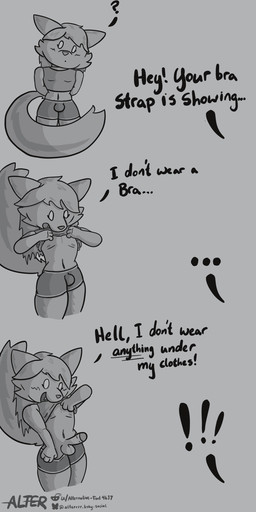 anthro balls bulge clothed clothing clothing_lift dialogue femboy flashing genitals male male/male partially_clothed penis shirt shirt_lift solo topwear underwear underwear_down alternativefoot lower bra_strap_showing_(meme) rue_(alternativefoot) canid canine fox mammal absurd_res comic hi_res meme