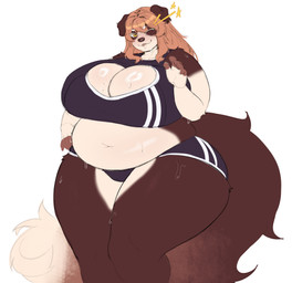 5_fingers anthro belly big_breasts big_tail bodily_fluids breasts brown_body brown_fur brown_nose cleavage_cutout clothed clothing cutout female fingers fluffy fluffy_tail fur hair heart_cutout huge_breasts huge_hips huge_thighs long_hair looking_at_viewer navel obese one_eye_closed orange_hair overweight overweight_anthro overweight_female simple_background smile solo star sweat sweatdrop sweaty_belly sweaty_breasts tail thick_thighs white_background white_body white_fur wide_hips wink yellow_eyes harufeng canid canine canis domestic_dog mammal 2026 absurd_res hi_res