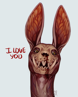 ambiguous_form ambiguous_gender big_ears blood bodily_fluids fangs front_view glistening glistening_eyes looking_at_viewer love nosebleed open_mouth simple_background solo subsurface_scattering tan_body teeth vein white_background yellow_eyes riorix species_request 2025 dated hi_res