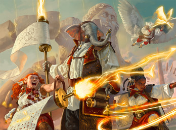 action_pose ambiguous_gender anthro biped book cloud dutch_angle electricity electricity_manipulation elemental_manipulation feathers female flying grey_body group holding_book holding_object holding_scroll holding_staff magic male pose scroll sculpture sky staff standing statue tusk_jewelry white_body white_feathers jason_rainville hasbro magic:_the_gathering wizards_of_the_coast quintorius_kand avian bird dwarf elephant elephantid human humanoid mammal owlin proboscidean official_art