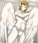 :3 anthro blonde_hair blue_eyes bulge clothed clothing feathered_wings feathers hair male smile solo tail topless underwear white_body wings cerezo mythology siegfried angel angel_dragon dragon feathered_dragon feathered_scalie mythological_creature mythological_scalie scalie 2014