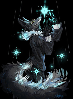anthro black_background black_body black_bottomwear black_clothing black_jacket black_pants black_topwear bottomwear clothing fangs fluffy fluffy_tail grin jacket kemono looking_at_viewer magic male multi_eye neck_tuft pants red_eyes simple_background smile solo tail teeth topwear tuft asagi157 canid canine mammal 2026 hi_res