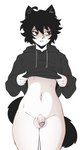 balls black_clothing black_hair black_hoodie black_topwear blush blush_lines bottomless clothed clothing femboy fingers flaccid genital_raphe genitals glans hair hoodie hoodie_only humanoid_genitalia humanoid_penis male navel penis raised_clothing raised_hoodie raised_topwear raphe_(anatomy) scrotal_raphe simple_background small_penis solo tail topwear topwear_only white_background bro_aniki doomer_(bro_aniki) doomer_boy animal_humanoid cat_humanoid felid felid_humanoid feline feline_humanoid humanoid mammal mammal_humanoid tailed_humanoid absurd_res hi_res