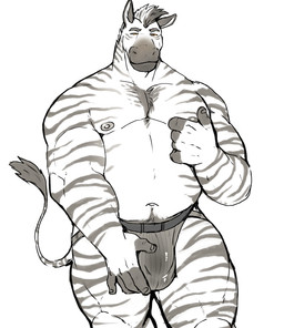 anthro bulge clothed clothing detailed_bulge eyebrows jockstrap jockstrap_only male musclegut muscular muscular_anthro muscular_male navel nipples pecs simple_background solo tail topless underwear underwear_only white_background hyenaface equid equine mammal zebra hi_res