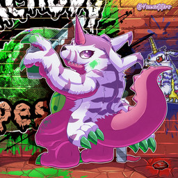 animal_skin anthro brick brick_wall claws fur graffiti horn looking_at_viewer male paint painting_(action) solo spray_paint striped_body striped_fur stripes wall_(structure) leafy97 bandai_namco digimon digimon_(species) gabumon psychemon 1:1 absurd_res hi_res