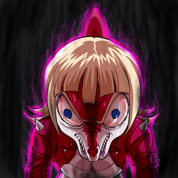 abstract_background anthro aura blonde_hair bloodshot_eyes blue_eyes bodily_fluids bone_frill breasts cleavage clothed clothing female frill_(anatomy) hair jacket long_hair looking_at_viewer multicolored_body multicolored_scales red_body red_clothing red_jacket red_scales red_topwear scales sharp_teeth snout solo sweat sweatdrop teeth text topwear two_tone_body two_tone_scales white_body white_scales dopeyarts cavemanon_studios i_wani_hug_that_gator mia_moretti dinosaur hadrosaurid ornithischian ornithopod parasaurolophus prehistoric_species reptile scalie 1:1 2024 artist_name digital_drawing_(artwork) digital_media_(artwork) meme signature