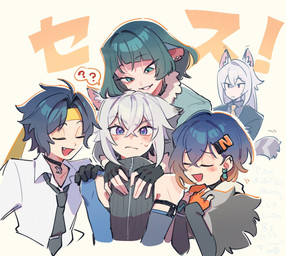 accessory blue_eyes blush cat_tail clothing daww ear_piercing eyelashes eyes_closed female fluffy fluffy_tail grey_hair group hair hair_accessory hand_on_shoulder jacket male markings piercing sleeveless_shirt striped_markings striped_tail stripes suit sweater tail tail_hug tail_markings teasing topwear turtleneck okakeukt mihoyo zenless_zone_zero belle_(zenless_zone_zero) harumasa jane_doe_(zenless_zone_zero) seth_lowell severian_lowell animal_humanoid cat_humanoid felid felid_humanoid feline feline_humanoid human humanoid mammal mammal_humanoid murid murid_humanoid murine murine_humanoid rat_humanoid rodent rodent_humanoid tailed_humanoid thiren hi_res
