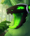 ambiguous_gender anthro bodily_fluids forest forest_background fur glowing glowing_eyes green_body green_eyes green_fur inner_ear_fluff machine nature nature_background neck_tuft plant saliva saliva_string solo tongue tongue_out tree tuft zegzagun protogen absurd_res hi_res