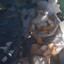 amazing_background anthro bed black_nose chair cheek_tuft detailed_background electronics eyes_closed facial_tuft front_view fur furniture inside kemono keyboard lying male monitor mouth_closed muscular muscular_anthro muscular_male neck_tuft nipples nude office_chair on_back on_bed orange_body orange_fur orange_tail sleeping solo tail toony tuft white_body white_fur white_tail awaldkize logitech canid canine mammal 1:1 absurd_res detailed hi_res