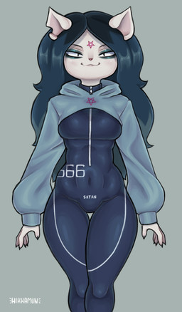 5_fingers anthro breasts claws clothed clothed_anthro clothed_female clothing dark_hair female fingers fur hair leggings legwear long_hair looking_at_viewer medium_breasts narrowed_eyes occult_symbol pentagram pink_inner_ear pupils smug_face solo standing streetwear sweater symbol techwear topwear white_body white_fur hikkamun cartoon_hangover the_summoning claire_(the_summoning) domestic_cat felid feline felis mammal hi_res