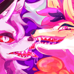 anthro blush bodily_fluids dripping drooling duo fangs female female/female freckled_face freckles mouth_shot open_mouth pseudo_hair red_eyes saliva saliva_drip teeth tongue tongue_out lunar_angel hellaverse helluva_boss loona_(helluva_boss) queen_bee-lzebub_(helluva_boss) canid canine canis fox hybrid mammal wolf 1:1 absurd_res hi_res