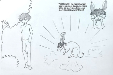 ambiguous_gender before_and_after bodily_fluids clothed clothing crying feral fur hair hand_on_face happy open_mouth plant poof_transformation rabbit_ears scut_tail short_tail shrub simple_background solo tail tears tears_of_joy text transformation tree znzirvana human lagomorph leporid mammal rabbit black_and_white english_text monochrome