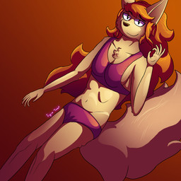 anthro bra clothing female fluffy fluffy_tail fur hair holding_hair long_hair orange_hair orange_light purple_clothing purple_underwear seductive solo tail tan_body tan_fur touching_hair underwear trycia_lotus undertale_yellow ceroba_ketsukane canid canine fox mammal 1:1 absurd_res cel_shading hi_res shaded