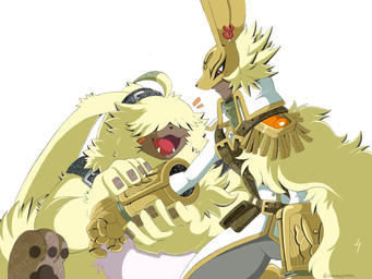 anthro armor blonde_hair duo evolutionary_family fur hair hair_over_eyes headgear helmet long_ears male mask pawpads ponytail_ears smile yellow_body yellow_fur portugueselynx bandai_namco digimon angoramon animal_humanoid diarbbitmon digimon_(species) humanoid lagomorph lagomorph_humanoid leporid_humanoid mammal mammal_humanoid rabbit_humanoid hi_res
