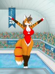 audience big_breasts bodily_fluids breasts canada cleavage clothed clothing female group london maple_leaf modern_architecture one-piece_swimsuit raised_arm solo_focus sport_swimsuit stadium sweat swimming_pool swimwear geckoguy123456789 leokitsune 2012_london_olympics olympics canid canine fox mammal hi_res