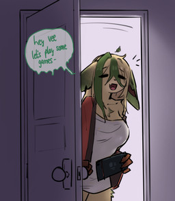 anthro biped clothed clothing dialogue eyes_closed female fingers fur inside solo speech_bubble standing text thick_thighs three-quarter_view topwear azuu nintendo pokemon ivy_(azuu) eeveelution generation_4_pokemon leafeon pokemon_(species) english_text hi_res