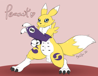 animal_genitalia anthro balls belly black_claws black_nipples black_sclera blue_eyes claws double_tomoe fur genitals grin grinning_at_viewer gynomorph intersex nipples sheath slightly_chubby smile smiling_at_viewer smirk smirking_at_viewer solo teats tomoe_(symbol) yellow_body yellow_fur kerilyn bandai_namco digimon peanut_(kerilyn) digimon_(species) renamon hi_res female_(lore)