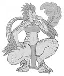 anthro athletic athletic_anthro athletic_female bottomwear bra breasts claws clothed clothing crouching feathered_arms feathers feet female grin hand_on_leg hand_on_thigh head_feathers loincloth long_tail looking_at_viewer non-mammal_breasts pupils sharp_teeth slit_pupils smile solo tail tail_feathers talons teeth toes topwear underwear silgiriya_mantsugosi uthalla dinosaur dromaeosaurid feathered_dinosaur feathered_scalie prehistoric_species reptile scalie theropod greyscale hi_res monochrome