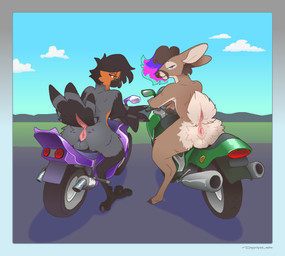 anthro anus backsack balls beak bedroom_eyes black_beak black_body black_feathers blue_highlights blue_sky border brown_body brown_fur brown_hair brown_hooves brown_nose butt cloud day detailed_background digitigrade dock_(anatomy) duo eyewear eyewear_only feather_hands feathers fingers fluffy_butt fur genitals glasses glasses_only grass grey_body grey_border grey_feathers hair highlights_(coloring) hooved_fingers hooves looking_at_viewer looking_back looking_back_at_viewer male motorcycle multicolored_highlights narrowed_eyes nude on_motorcycle orange_body orange_feathers outside pink_anus pink_highlights plant purple_eyes purple_highlights round_glasses scut_tail seductive short_hair short_tail sky smile snout tail tail_feathers tan_body tan_fur unguligrade vehicle wearing_glasses dyyrlysh kristoffer_everglade percy_(percybird) avian bird deer eurasian_bullfinch finch mammal new_world_deer oscine passerine true_bullfinch white-tailed_deer 2026 absurd_res aliasing aseprite_(artwork) digital_drawing_(artwork) digital_media_(artwork) hi_res shaded
