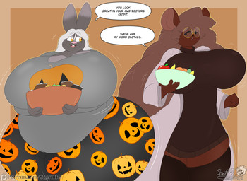 anthro big_breasts big_butt bowl breasts brown_background butt candy clothing coat container dessert dialogue duo eyewear female food fruit fur glasses holidays huge_breasts huge_butt hyper hyper_breasts hyper_butt lab_coat leggings legwear looking_at_another orange_eyes overweight overweight_anthro overweight_female plant pumpkin simple_background slightly_chubby slightly_chubby_female sweater text thick_thighs topwear white_body white_fur masterj291 halloween patreon lagomorph leporid mammal mouse murid murine rabbit rodent 2025 digital_media_(artwork) english_text hi_res