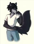 5_fingers anthro black_body black_fur black_hair black_nose blue_eyes clothed clothing fingers fur hair male simple_background solo standing white_background gonewiththefart canid canine canis mammal wolf digital_media_(artwork)