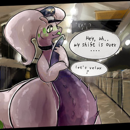 accessory big_butt big_penis blush bodily_fluids building butt clothing dialogue eyeshadow femboy feral genital_fluids genitals green_eyes hat headgear headwear holding_own_penis holding_penis hug huge_penis hugging_another hugging_penis hyper hyper_genitalia lights looking_at_viewer makeup male narrowed_eyes necktie penis penis_grab pilot precum purple_body slime smile solo speech_bubble spiked_penis spikes spikes_(anatomy) standing suggestive tail tapering_penis text tongue tongue_out 16cmtothemoon nintendo pokemon generation_6_pokemon goodra pokemon_(species) 1:1 absurd_res english_text hi_res