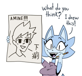 3_fingers anthro asking asking_for_opinion asking_viewer black_eyebrows black_eyes black_mouth black_text blue_body blue_countershading blue_ears blue_fur blue_inner_ear blue_markings blue_tuft breasts clothed clothed_anthro clothed_female clothing countershade_face countershade_fur countershading cute_fangs dialogue excited exclamation_point eyebrows eyelashes fangs female female_anthro fingers fur gloves_(marking) hair happy holding_object holding_pencil humor looking_at_viewer markings open_:3 pencil_(object) pointy_ears prick_ears purple_clothing purple_shirt purple_t-shirt purple_topwear question_mark reverse_furry shirt smile smiling_at_viewer solo t-shirt teeth text topwear tuft maddeku x-38_(maddeku) alien catrobis felid feline human mammal 2025 bust_portrait colored english_description english_text flat_colors hi_res japanese_text portrait translated
