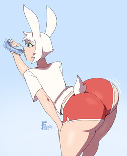 ambiguous_gender big_butt butt clothed clothing dolphin_shorts drinking fur hand_on_leg holding_object leaning leaning_forward looking_away shirt solo t-shirt tail thick_thighs topwear water white_body white_clothing white_fur white_tail zr_furious kai_(bosstones) animal_humanoid humanoid lagomorph lagomorph_humanoid leporid leporid_humanoid mammal mammal_humanoid rabbit rabbit_humanoid hi_res male_(lore)