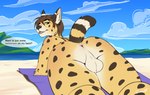 anthro anus balls beach butt fur genitals looking_at_viewer looking_back lying male markings on_front perineum presenting presenting_anus presenting_hindquarters raised_tail solo spots spotted_body spotted_fur tail talking_to_viewer text sinalanf felid mammal english_text