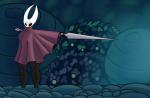 black_body black_eyes clothing female fishnet_clothing horn hornet's_needle solo thick_thighs white_horn king_of_sorrow_(artist) hollow_knight team_cherry hornet_(hollow_knight) arthropod humanoid insect hi_res