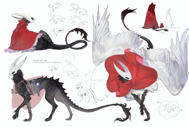 2_horns alternate_species ambiguous_gender back_spikes bag black_body cloak cloak_only clothing feathered_wings feathers feral hollow_eyes horn lying map on_side paws quadruped red_cloak red_clothing scales simple_background solo spikes spikes_(anatomy) standing tail tail_tuft text tuft white_background wings eymott hollow_knight_(franchise) mythology team_cherry hornet_(hollow_knight) dragon mythological_creature mythological_scalie scalie wingless_dragon absurd_res digital_media_(artwork) digital_painting_(artwork) english_text hi_res korean_description korean_text painting_(artwork) sketch