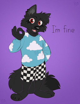 4_fingers anthro black_body black_claws black_fur black_nose bottomwear claws clothing dipstick_tail ear_piercing eyebrows fangs fingers fur gesture hand_gesture looking_at_viewer male markings ok_sign open_mouth open_smile piercing raised_eyebrows red_eyes shorts simple_background smile solo standing sweater tail tail_markings teeth text topwear mimi-fox canid canine mammal colored colored_sketch digital_drawing_(artwork) digital_media_(artwork) english_text flat_colors hi_res sketch