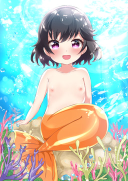 black_hair blush detailed_background female fin flat_chested hair loli looking_at_viewer nipples nude on_rock open_mouth orange_body orange_scales purple_eyes rock scales sea short_hair sitting sitting_on_rock solo split_form tail tail_fin underwater water young mofuumoff anthozoan aquatic cnidarian coral humanoid merfolk absurd_res hi_res