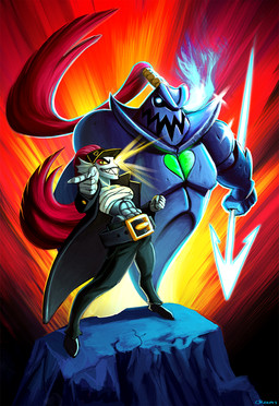 5_fingers abs abstract_background armor backlighting belt belt_buckle black_bottomwear black_clothing black_coat black_footwear black_headwear black_pants black_shoes black_topwear blue_body bottomwear breasts buckle chest_wraps clothed clothing coat collarbone duo ear_fins ear_frill eyelashes eyeshadow female fin fingers fist footwear frill_(anatomy) front_view gesture glowing glowing_eyes grin hair hand_gesture hat headgear headwear heart_symbol high-angle_view jojo_pose jotaro's_hat light long_coat long_hair makeup melee_weapon midriff muscular muscular_female nails noseless open_clothing open_coat open_topwear pants parody pointing polearm ponytail pupils red_eyeshadow red_hair rock sharp_nails sharp_teeth shoes slit_pupils smile spear standing teeth topwear visor_cap weapon wide_stance wraps yellow_sclera gcchrisreeves jojo's_bizarre_adventure stardust_crusaders undertale undertale_(series) jotaro_kujo undyne animal_humanoid aquatic aquatic_humanoid fish fish_humanoid humanoid stand_(jjba) crossover digital_media_(artwork) hi_res lighting meme