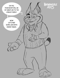 4_fingers anthro bottomwear clock clothing fingers identity_death male mid_transformation overzen pants paws possession short_tail solo sweater tail text topwear watch hornbuckle disney zootopia milton_lynxley canada_lynx felid feline human lynx mammal english_text line_art monochrome