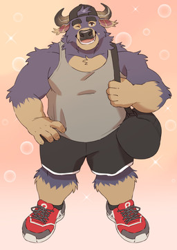 2_horns 5_fingers anthro biped clothed clothed_anthro clothed_male clothing fingers footwear horn humanoid_hands male one_eye_closed red_clothing red_footwear red_shoes shoes simple_background adios bovid bovine cattle mammal 2023 absurd_res character_request colored hi_res