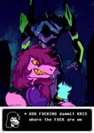 anthro armband bracelet dialogue duo female freckles hair humor jewelry long_hair male parody profanity purple_hair screencap screencap_background sharp_teeth spiked_armband spiked_bracelet spikes teeth text text_box emii_chuuu deltarune kris_where_are_we neon_genesis_evangelion undertale_(series) eva_unit_01 kris_(deltarune) susie_(deltarune) dinosaur human mammal prehistoric_species reptile scalie 2021 absurd_res english_text hi_res meme signature