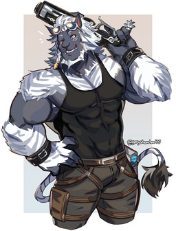 abs anthro biceps big_muscles biped black_clothing black_shirt black_tank_top black_topwear clothed clothed_anthro clothed_male clothing fully_clothed fully_clothed_anthro fully_clothed_male gun holding_gun holding_object holding_ranged_weapon holding_weapon huge_muscles looking_at_viewer male male_anthro muscular muscular_anthro muscular_male one_eye_closed pecs ranged_weapon shirt solo tank_top text tight_clothing tight_shirt tight_topwear topwear weapon wink winking_at_viewer graysheartart final_fantasy final_fantasy_xiv square_enix felid hrothgar mammal absurd_res artist_name hi_res signature