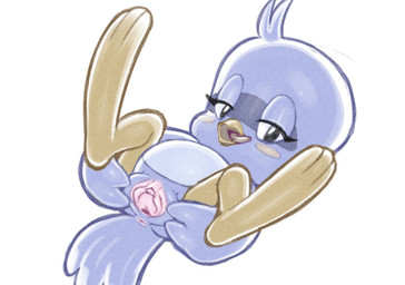 anus blue_body blue_feathers chibi clitoral_hood clitoris feathers female feral front_view genitals looking_at_viewer low-angle_view lying on_back presenting presenting_vulva simple_background solo spread_vulva spreading three-quarter_view tongue tongue_out vulva white_background rockthebull flicky_(series) sega sonic_the_hedgehog_(series) flicky_(character) avian bird blue_jay corvid jay_(bird) new_world_jay oscine passerine 2024