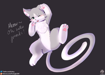 anthro blush legs_up lying male one_eye_closed open_mouth paws solo tail text wink senz re:zero puck_(re:zero) felid feline mammal hi_res url