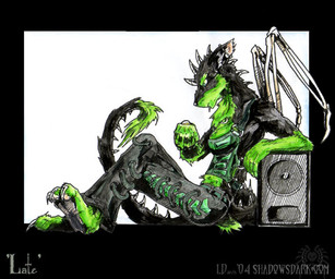 alternative_fashion anthro barefoot biped black_body black_fur bondage_pants bone bottomwear claws clothed clothing cybergoth dipstick_tail ear_piercing feet female fur glamfur goth green_body green_eyes green_fur green_tail_tip industrial_piercing looking_down markings multicolored_tail pants piercing side_view sitting solo speaker spikes tail tail_markings drakhenliche neogeen_(character) canid canine mammal