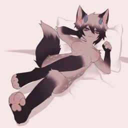 anthro bedroom_eyes crossed_legs female hair horn narrowed_eyes nipples pawpads seductive short_hair solo teasing teasing_viewer cinnamofox cinna_(cinnamofox) canid canine fox mammal 1:1 hi_res shaded soft_shading