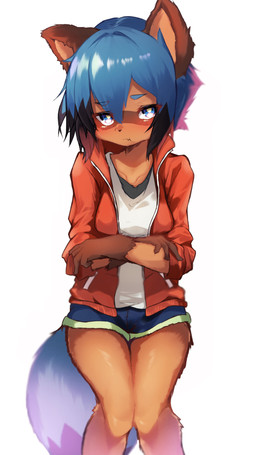 anthro black_hair blue_body blue_eyes blue_hair breasts brown_body brown_fur clothed clothing crossed_arms cute_fangs fangs female fingers fluffy fluffy_tail fur hair jacket multicolored_hair open_clothing open_jacket open_topwear pouting solo tail teeth topwear tabhead brand_new_animal studio_trigger michiru_kagemori canid canine mammal raccoon_dog tanuki absurd_res hi_res portrait three-quarter_portrait unavailable_at_source