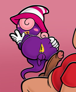 anus balls big_butt big_penis blush blush_stickers bubble_butt butt clothing duo erection eyeless genitals ghost_tail gloves gynomorph gynomorph/male hair handwear hat headgear headwear human_on_humanoid imminent_anal imminent_sex intersex intersex/male interspecies legless lips male not_furry penis pink_background pink_hair presenting presenting_anus presenting_hindquarters purple_body purple_skin simple_background small_penis spread_butt spreading white_clothing white_gloves white_handwear witch_hat yellow_lips hexanne mario_bros nintendo paper_mario paper_mario:_the_thousand_year_door mario vivian_(mario) human humanoid mammal shadow_siren spirit 2026 digital_media_(artwork) hi_res trans_(lore) trans_woman_(lore)