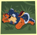argon_vile blue_body blue_scales dinosaur embrace english_text hand_on_belly heart_symbol hi_res laying_on_ground lying_on_ground nuzzling orange_body orange_scales outside reptile scales scalie text