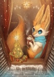 ambiguous_gender anthro beverage big_tail blue_eyes candy chocolate christmas_tree cozy dessert fluffy fluffy_tail food fur gift happy holidays hot_chocolate icicle inner_ear_fluff orange_body orange_fur plant scarf snow solo tail tree tuft window winter eldrige christmas nintendo pokemon braixen canid canine generation_6_pokemon mammal pokemon_(species)