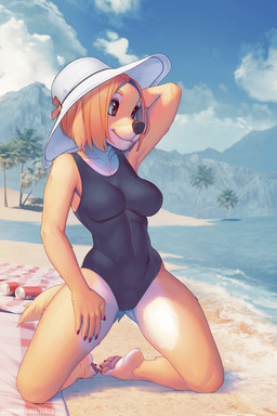 5_fingers anthro barefoot beach beverage_can biped breasts brown_eyes claws clothed clothing cloud countershade_face countershade_fur countershade_torso countershading feet female fingers fur hair hat headgear headwear hindpaw kneeling one-piece_swimsuit orange_hair outside pawpads paws pink_pawpads plant sea seaside sky solo swimwear toe_claws tree water white_body white_fur deymos iskra vika_(iskra) canid canine canis domestic_dog mammal 2022 2:3 artist_collaboration digital_media_(artwork) shaded